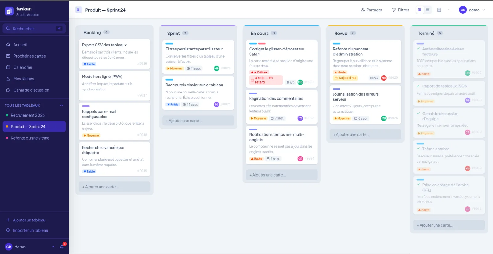 Tableau « Produit — Sprint 24 » : colonnes Backlog, Sprint, En cours, Revue et Terminé, avec compteur de cartes par colonne.